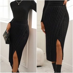 Cable Knit Split Thigh Ribbed Midi Skirt